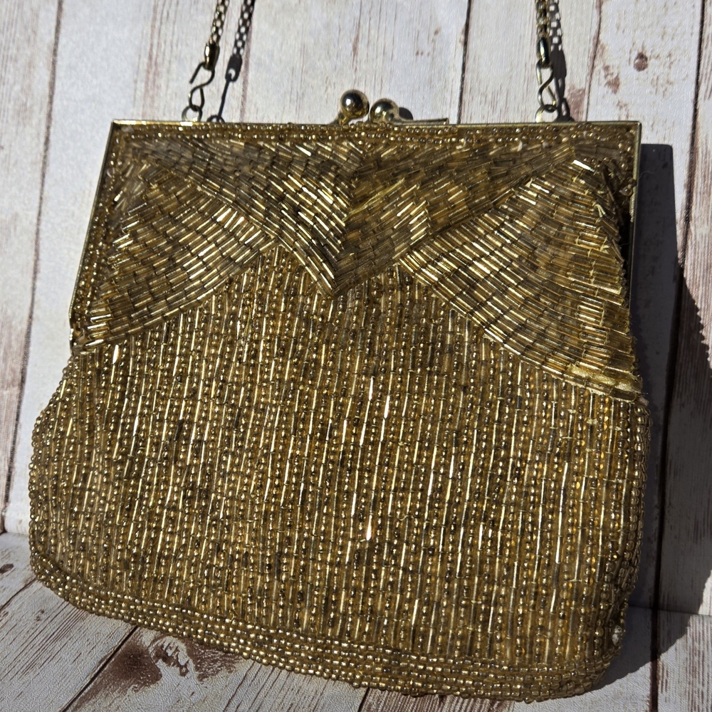 Vintage Gold Amber Beaded Evening Bag Clutch w/ Chain Strap Prom Wedding - Picture 3 of 12